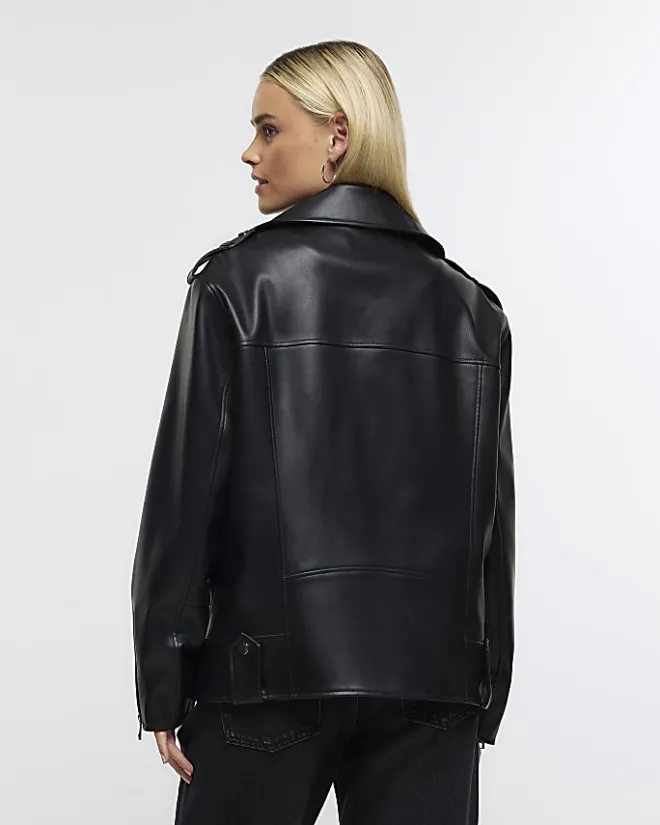 River Island Petite faux leather oversized jacket Black Clearance