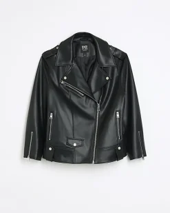 River Island Petite faux leather oversized jacket Black Clearance