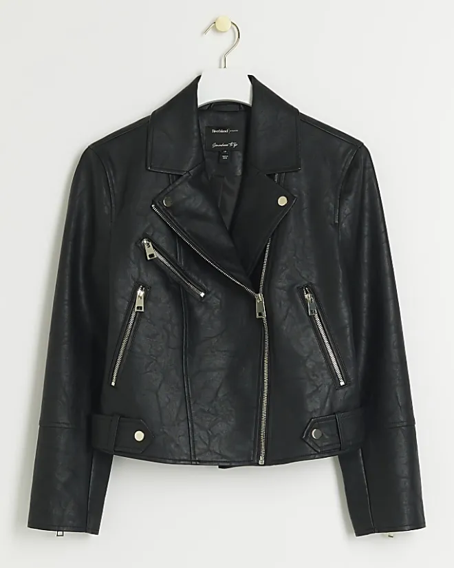 River Island Petite Faux Leather Biker Jacket Black Online