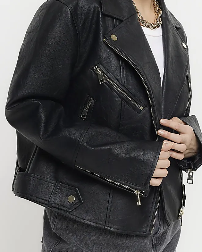 River Island Petite Faux Leather Biker Jacket Black Online