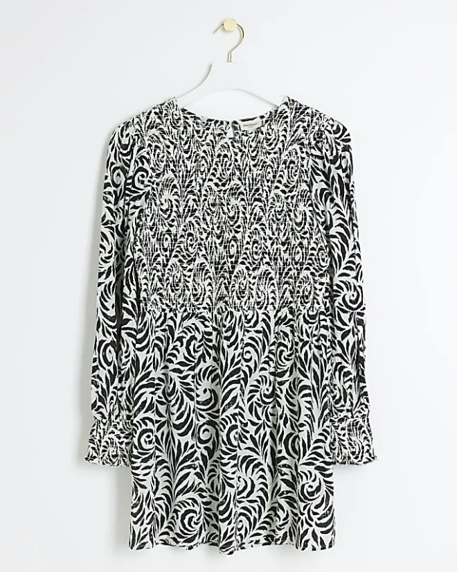 River Island Petite floral shirred swing mini dress Black New