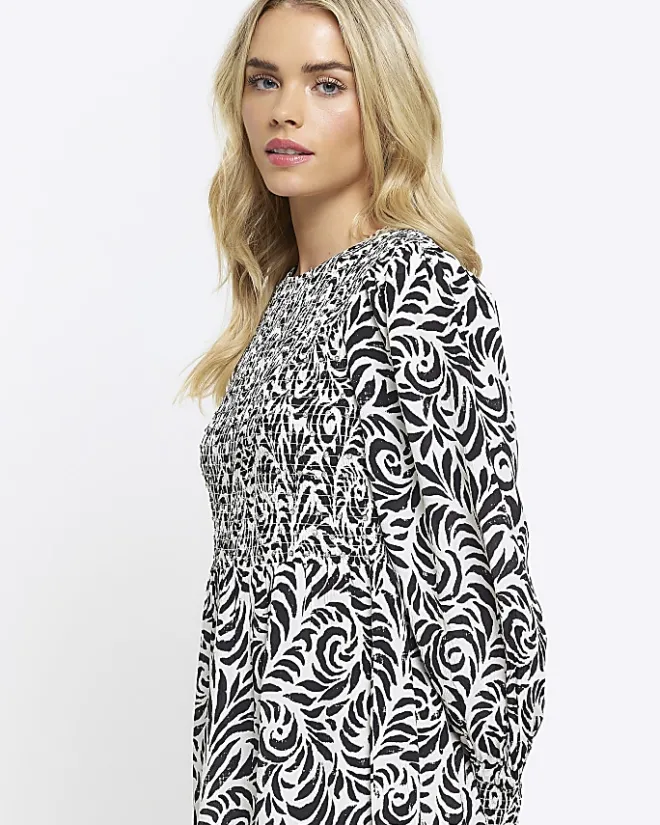 River Island Petite floral shirred swing mini dress Black New