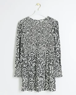 River Island Petite floral shirred swing mini dress Black New