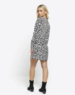 River Island Petite floral shirred swing mini dress Black New