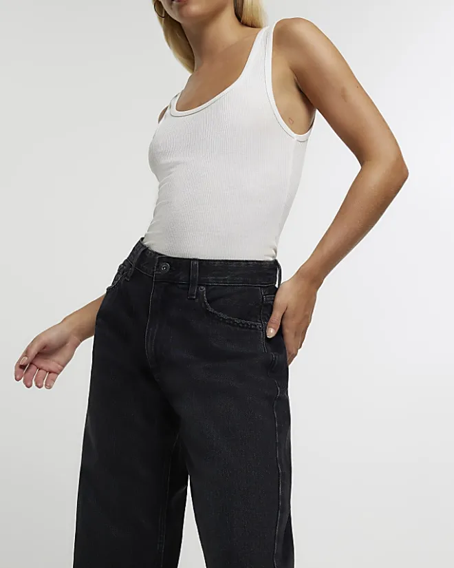 River Island Petite high waisted straight leg jeans Black Best