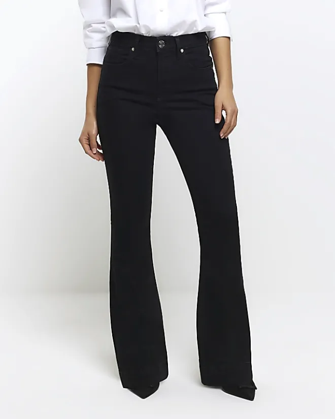 River Island Petite high waisted flare jeans Black Clearance