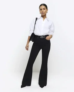 River Island Petite high waisted flare jeans Black Clearance