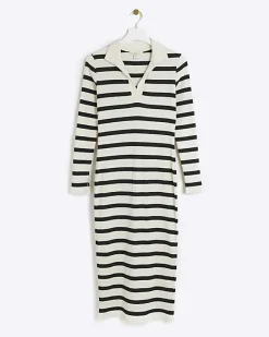 River Island Petite rib stripe bodycon midi dress Black Clearance