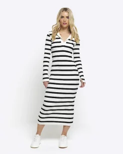River Island Petite rib stripe bodycon midi dress Black Clearance