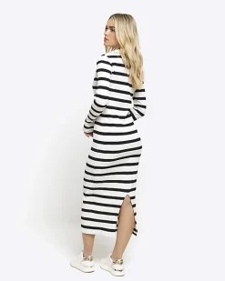River Island Petite rib stripe bodycon midi dress Black Clearance