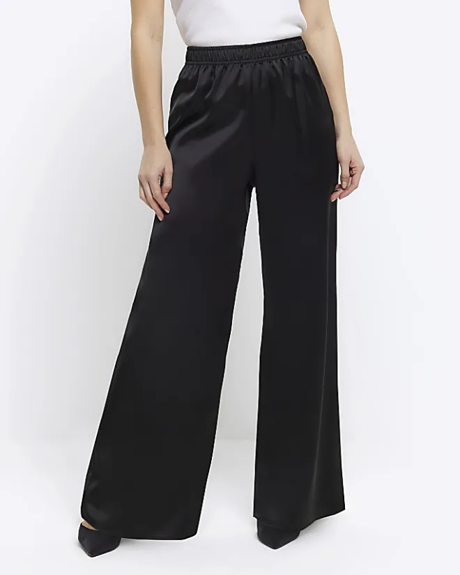 River Island Petite satin wide leg trousers Black Clearance