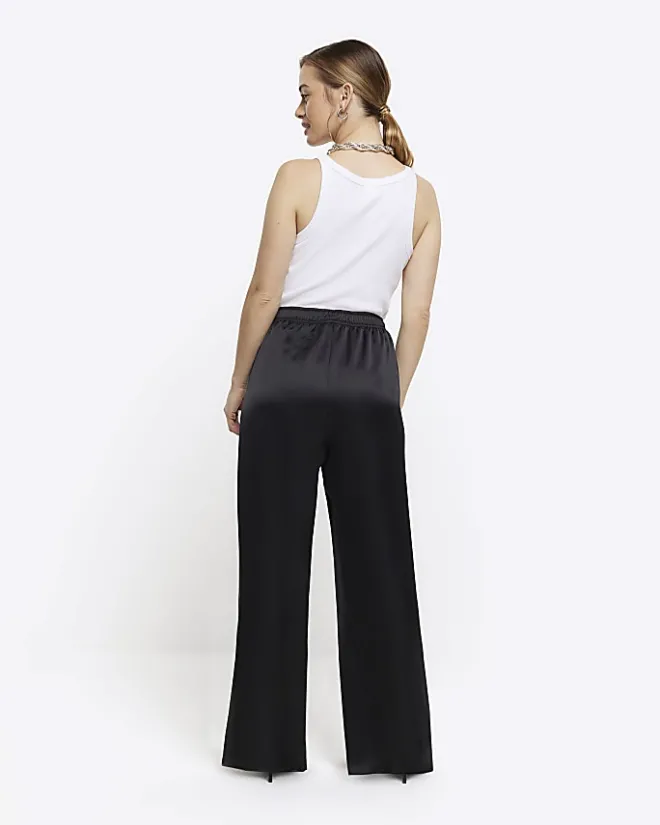 River Island Petite satin wide leg trousers Black Clearance