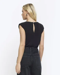 River Island Petite shoulder pad bodysuit Black Discount