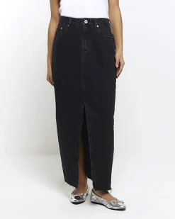 River Island Petite split hem denim maxi skirt Black Discount