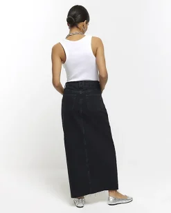 River Island Petite split hem denim maxi skirt Black Discount