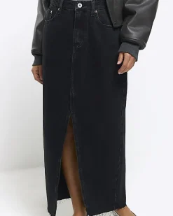 River Island Petite split hem denim maxi skirt Black Discount