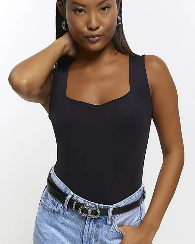 River Island Petite square neck bodysuit Black Sale