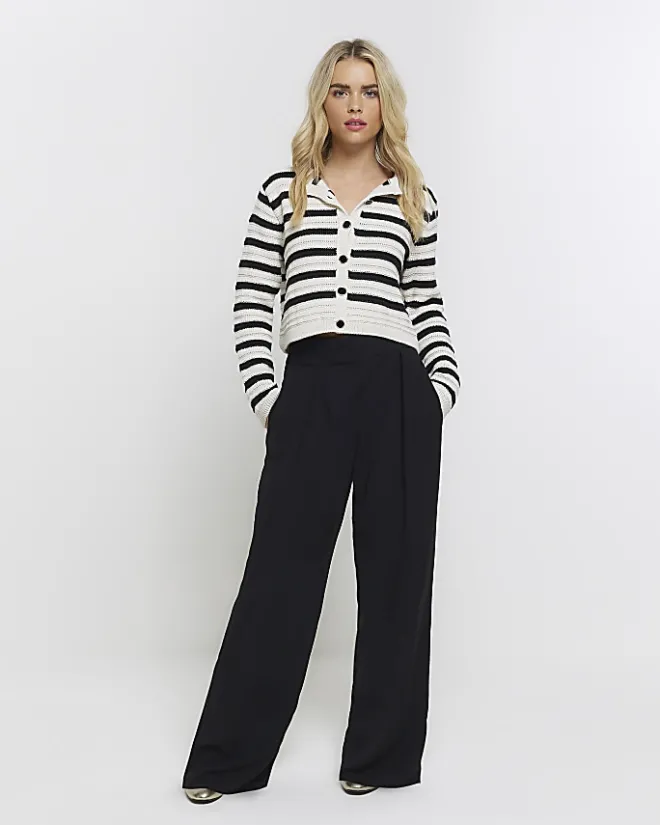 River Island Petite stripe textured knit cardigan Black Fashion