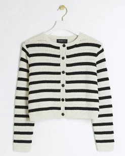 River Island Petite stripe textured knit cardigan Black Fashion