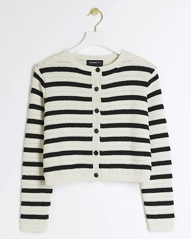 River Island Petite stripe textured knit cardigan Black Fashion