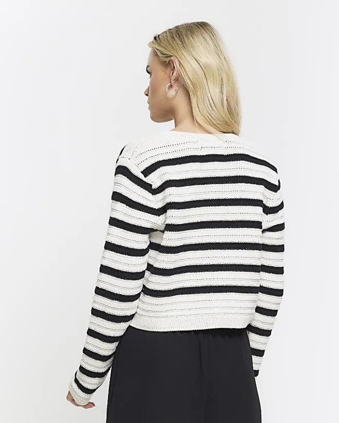River Island Petite stripe textured knit cardigan Black Fashion