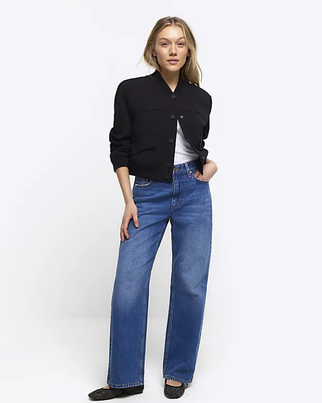 River Island Petite tailored crop bomber jacket Black Fashion