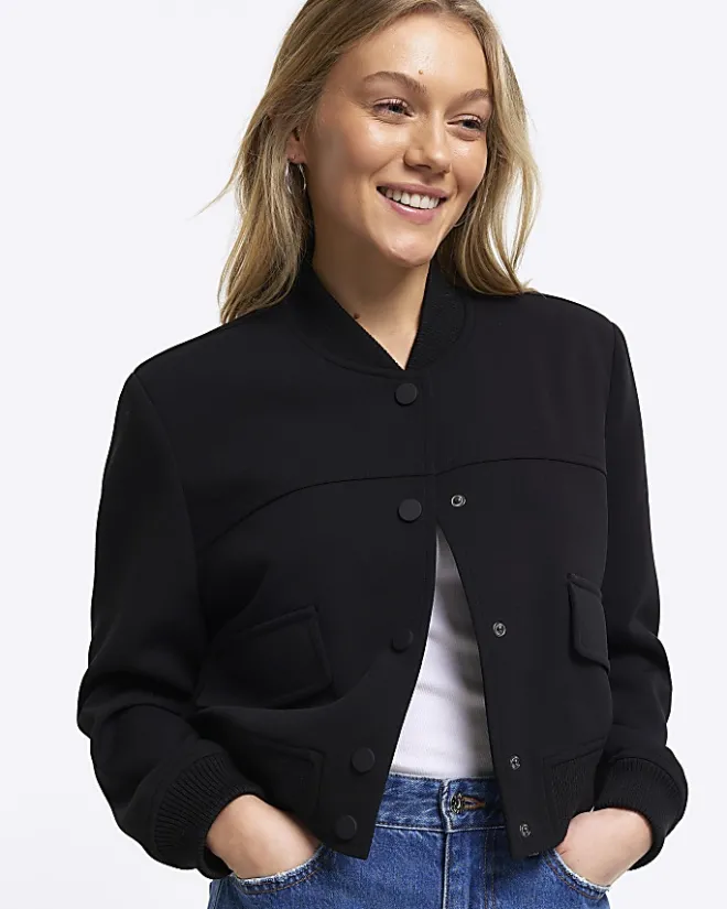 River Island Petite tailored crop bomber jacket Black Fashion