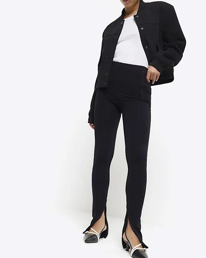 River Island Petite zip hem leggings Black Clearance