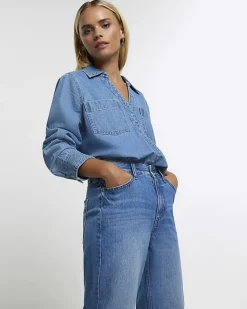 River Island Petite high waisted straight leg jeans Blue New