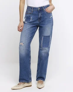 River Island Petite patch stove pipe straight jeans Blue Clearance