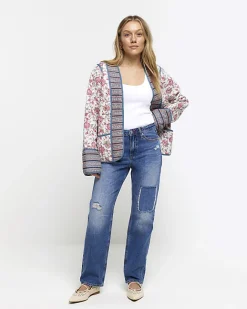 River Island Petite patch stove pipe straight jeans Blue Clearance