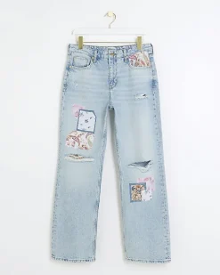 River Island Petite patch stove straight jeans Blue Hot