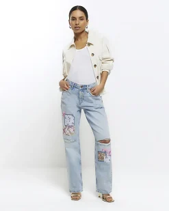 River Island Petite patch stove straight jeans Blue Hot