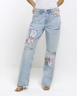 River Island Petite patch stove straight jeans Blue Hot