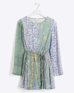River Island Petite patchwork belted shift mini dress Blue Sale