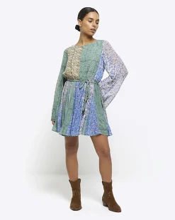 River Island Petite patchwork belted shift mini dress Blue Sale