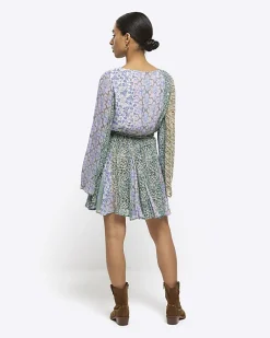 River Island Petite patchwork belted shift mini dress Blue Sale