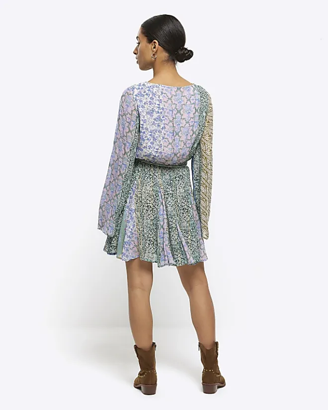 River Island Petite patchwork belted shift mini dress Blue Sale