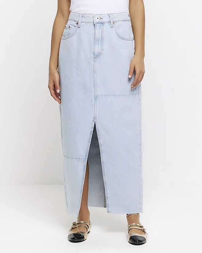 River Island Petite seamed denim maxi skirt Blue New