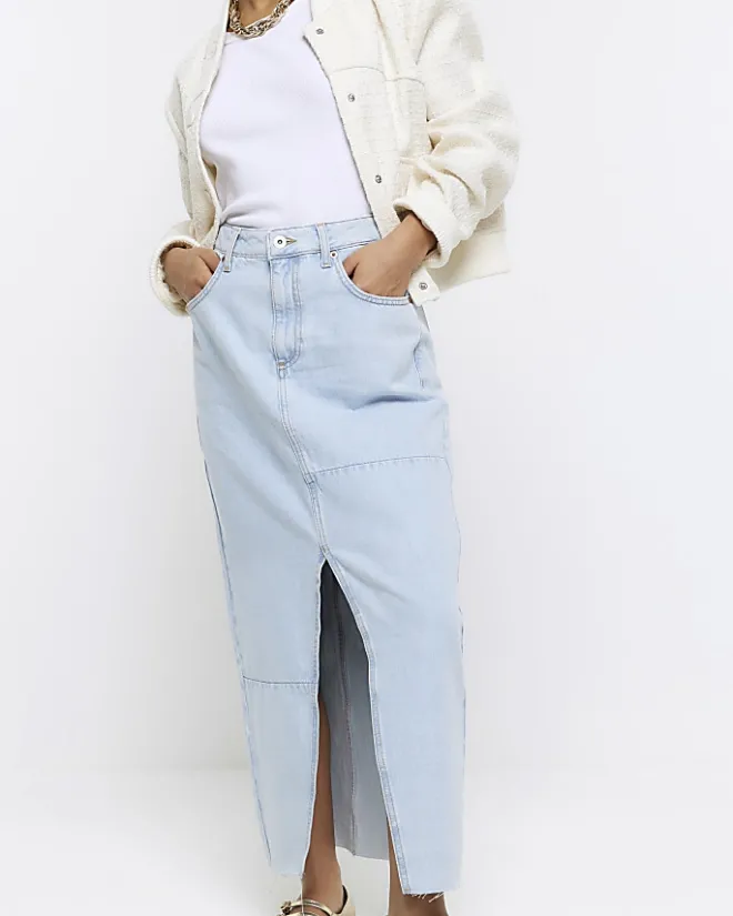 River Island Petite seamed denim maxi skirt Blue New