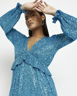 River Island Petite sequin frill midi dress Blue Discount