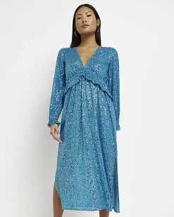 River Island Petite sequin frill midi dress Blue Discount