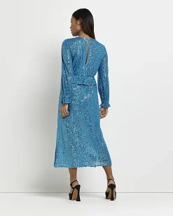 River Island Petite sequin frill midi dress Blue Discount