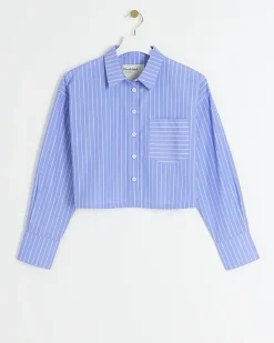 River Island Petite stripe crop shirt Blue Clearance