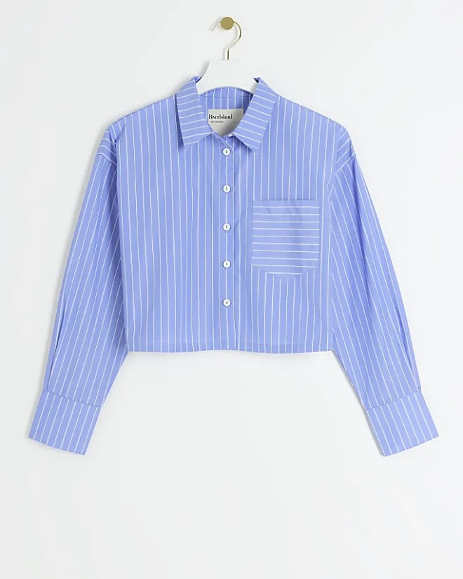 River Island Petite stripe crop shirt Blue Clearance