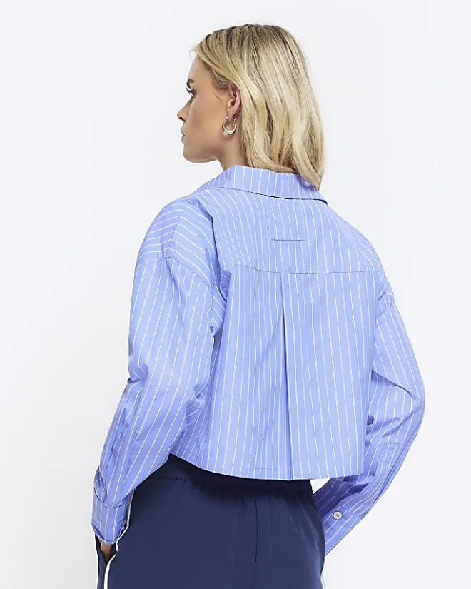 River Island Petite stripe crop shirt Blue Clearance