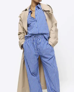 River Island Petite stripe poplin pull on trousers Blue Online