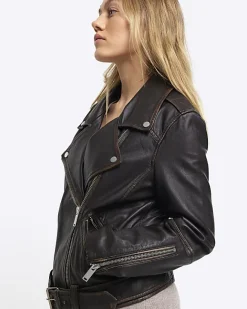River Island Petite leather oversized biker jacket Brown Hot