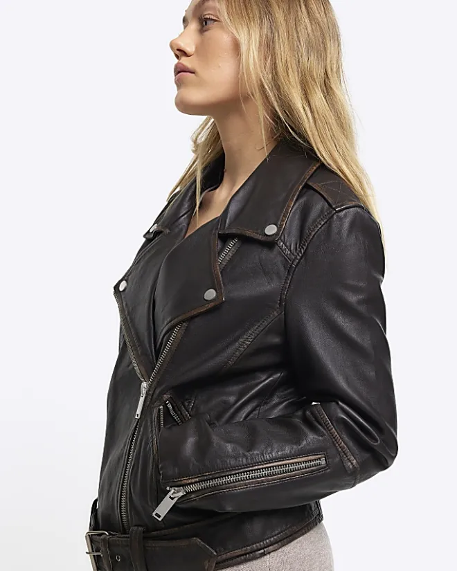 River Island Petite leather oversized biker jacket Brown Hot