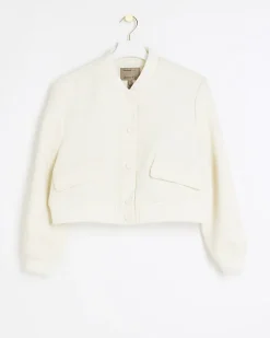 River Island Petite boucle tailored bomber jacket Cream Sale